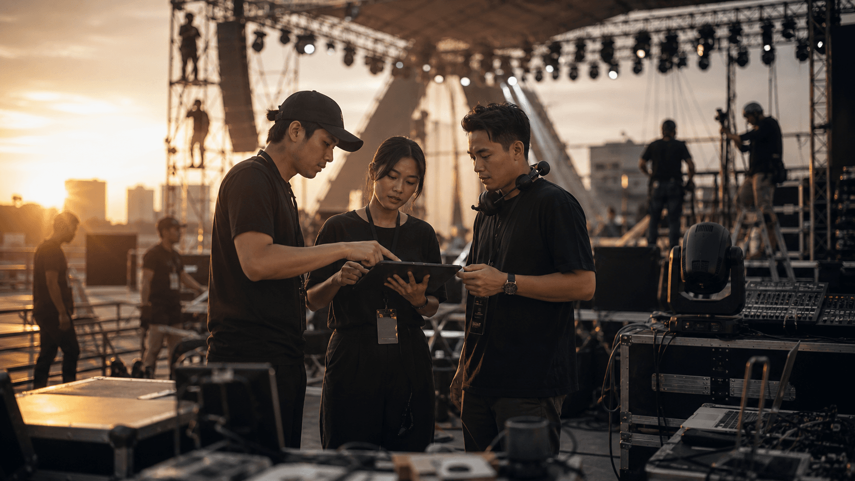 Event production crew coordinating stage setup and technical direction before showtime.